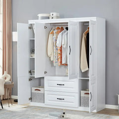 3 Door Closet Wardrobe, Armoire with 3 Drawer and Hanging Rod, Freestanding Closet Cabinet, Clothes Storage Organizer, Wardrobes