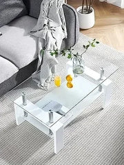 Living Room Rectangle Coffee Table, Tea Table Suitable for Waiting Room, Modern Side Coffee Table with Wooden Leg, Glass