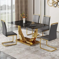 63” Glass Dining Table Set for 4,Modern Dining Room Table Set for 4,Kitchen Table and PU Leather Chairs for 4, Glass Top