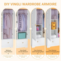 Wide Wardrobe Closet White Armoire Wardrobe with Hanging Rod Shelves and Drawer, Freestanding Closet Wardrobe Cabinet