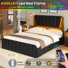 Full Size Bed Frame with Headboard and 4 Storage Drawers, Full Bed Frame with Led Lights & 2 USB Ports, Bed Frame