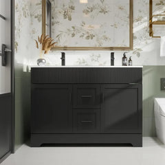 48" Bathroom Vanities Sink Combo Set, Modern Cabinet w/Wave Lines, Undermount Double Resin Sink w/Matte Black Faucet Drain