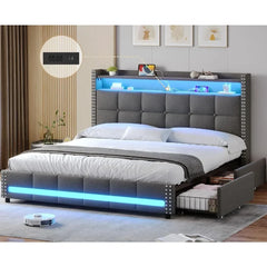 Full Bed Frame with Storage Headboard and 4 Drawers, Tufted Bed Frame with Charging Station and Led Lights，Led Bed Frame