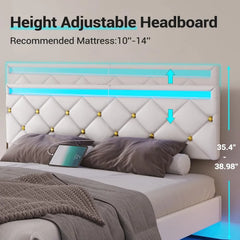 Floating Bed Frame King Size with Led Lights and USB Ports,Faux Leather Platform King Bed Frame with Headboard Easy To Assemble