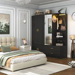 5 Doors Armoire Wardrobe Closet with Sensor Lamp and Mirror, 2 Drawers, 4 Hooks, 2 Hanging Rods, Large Wooden Armoire Closet