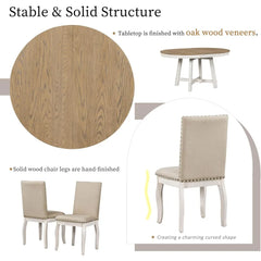 5-Piece Farmhouse Dining Table Set Wood Round Extendable Dining Table and 4 Upholstered Dining Chairs