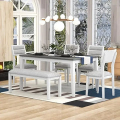 Design a classic and traditional style 6-piece cutlery set, including a dining table, 4 cushioned chairs, and benches