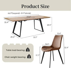 67" Modern mid-Century Dining Table and Chairs, Rectangular Wooden and Expandable Table, Space-Saving Multifunctional