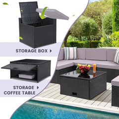 8PCS Outdoor Wicker Rattan Patio Furniture Sectional Set with Hidden Storage 7 Sofa Sections Oversized Cushions