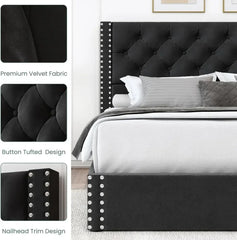 Queen Size Upholstered Bed Frame with Storage Velvet Platform Tufted Bed Frame with 4 Drawers and Headboard,  Black Bed