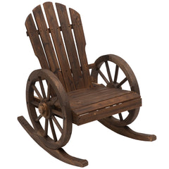 Rustic Wood Adirondack Rocking Patio Chair w/ Slatted Design, Wheel Armrests