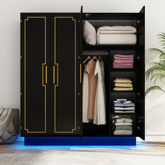 Modern 70in 4 Doors Armoires Wardrobe Closet with Hanging Rod, Freestanding Bedroom Armoires with RGB Lights, Black