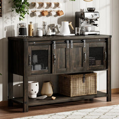 Farmhouse Coffee Bar Cabinet with 2 Sliding Barn Doors, Modern Buffet Sideboard Cabinet with Open Shelf, Entryway Table