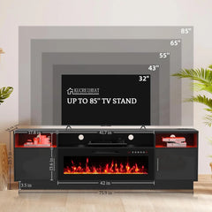 70'' TV Stand with 36'' Fireplace-LED Light Entertainment Center for 75+ inch TV-White TV Cabinet with Storage