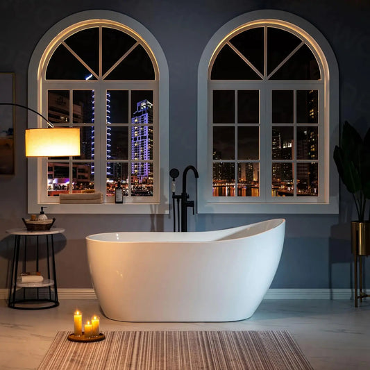 Acrylic Freestanding Bathtub Contemporary Soaking White Tub with Brushed Gold Overflow and Drain Double wall design bathtub