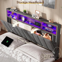 Full Size Bed Frame with Headboard & Charging Station, LED Bed Frame with 4 Storage Drawers, No Box Spring Needed, Bed Frame