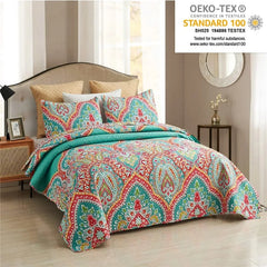 3-Piece Quilt Set with 2 Pillow Shams- Boho Reversible Soft and Lightweight Quilt Bedding Bedspread Coverlet Set