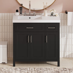 36" Black Bathroom Vanity Cabinet with Resin Integrated Sink - 2 Drawers, 3 Doors