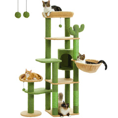 Cactus Tall Cat Tree for Large Cat Multi-Level Cat Tower for Indoor Cats Cat Condo with Large Hammock Scratching Post  2 Perches