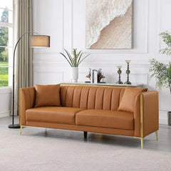 78'' Sofa, Modern White Couches for Living Room, Comfy, Faux Leather Sofa 3 Seater Sofa with 2 Throw Pillows and Gold Metal Legs