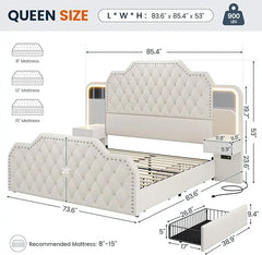 Queen Size 53” Tall Platform Bed Frame with 4 Storage Drawers, PU Leather Upholstered with Deep Black