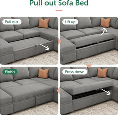 Modular Sectional Sleeper Sofa Bed, Corduroy Pull Out Couch with Storage Ottoman, U Shaped Sectional Couches for Living Room