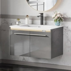 Floating Bathroom Vanity Cabinet with LED Light Sensor Acrylic Sink Modern Gray Design