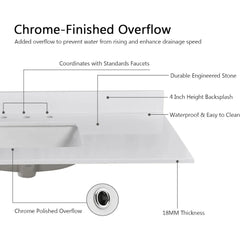 48 Inch Solid White Vanity Sink Top, Engineered Stone Vanity Top,8 Inch Widespread Faucet Hole with Backsplash Countertops