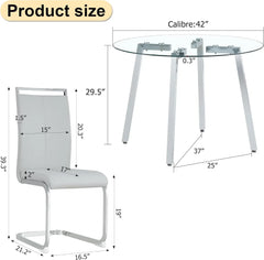 Dining Table, Round Glass, Tempered Glass Top and 4 Chairs with Seat and Sturdy Chrome Legs, 5-Piece Dining Table Set