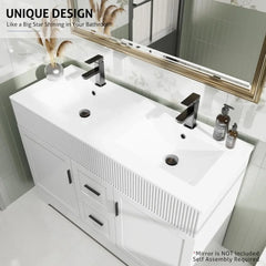 48" Bathroom Vanities Sink Combo Set, Modern Cabinet w/Wave Lines, Undermount Double Resin Sink w/Matte Black Faucet Drain