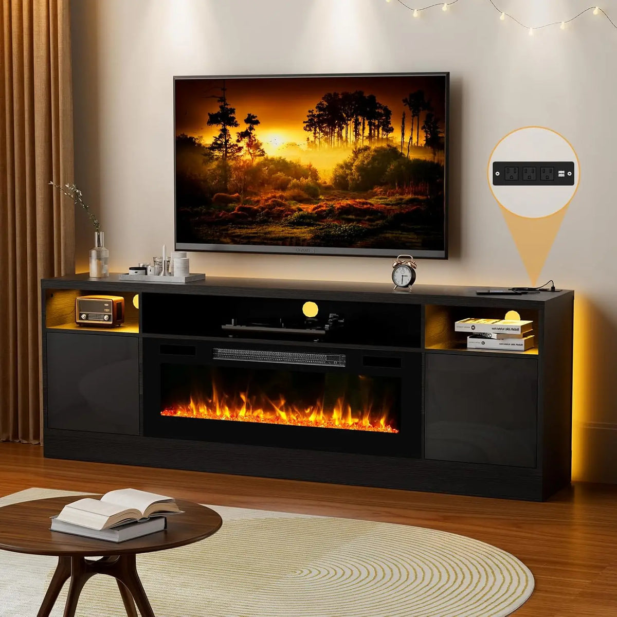 70'' TV Stand with 36'' Fireplace-LED Light Entertainment Center for 75+ inch TV-White TV Cabinet with Storage