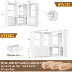 Closet System with 3 Sets, 86.8" Closet Organizer System with 6 Drawers & 4 Hanging Rods, Freestanding Wardrobe