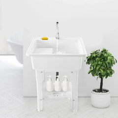 Freestanding Utility Sink w/ Washboard Floor Mount Hot + Cold Faucet Kit White Durable Laundry Sink Wash Bowl Basin Faucet Drain