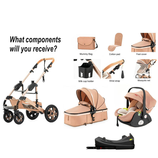 3 in 1 Baby Stroller,Baby Travel System,Baby Carriage 3in1 with Isofix Base,Foldable Newborn Pram,Reversible Standard Stroller