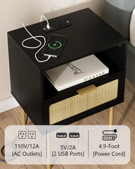 Rattan Nightstand with Charging Station, 2 Drawer Dresser for Bedroom, Small Bedside Table with 2 Drawers, Night Stand,