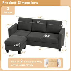 Convertible Sectional Sofa Couch, 3 Seat L-Shaped Sofa with Linen Fabric, Movable Ottoman Small Couch for Small Apartments