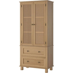 Kitchen Pantry Storage Cabinet, Tall Cabinet with Rattan Doors and 2 Drawers, Freestanding Cupboard with Adjustable Shelvesl