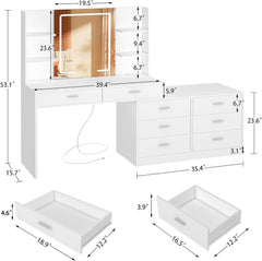 Dressers.Vanity Makeup Desk with LED Light Mirror & Power Outlet, 8 Drawers, 6 Storage Shelves, 3 Color Modes & Adjustable