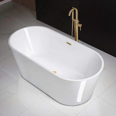 Acrylic Freestanding Bathtub Contemporary Soaking White Tub with Brushed Gold Overflow and Drain Easy to clean bathtub