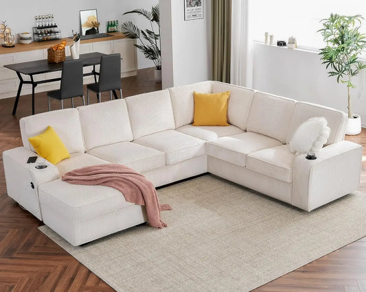 U Shaped Sofa, 7 Seater Sofa with USB Ports, Sectional Sofa Couch with Storage Chaise, Corduroy Beige