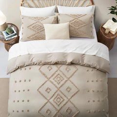 Tufted Duvet Cover, Soft and Lightweight Duvet Covers Set for All Seasons, 3 Pieces Boho Embroidery Shabby Chic Bedding Set