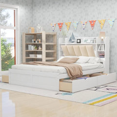 Queen Size Bed Frame with Storage Headboard,Shelves and 4 Drawers, Solid Wood Queen Size Platform Bed Frame