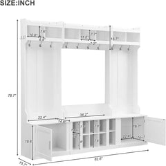 Wide Hall Tree with Storage Bench for Entryway, Bench with 10 Hooks, Coat Rack with Storage Shoe Cubbies and Cabinets, White