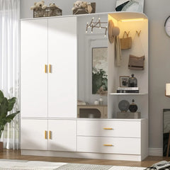 5 Doors Armoire Wardrobe Closet with Sensor Lamp and Mirror,Wooden Armoire Closet with 2 Drawers,4Hooks,2Hanging Rods,Open Space