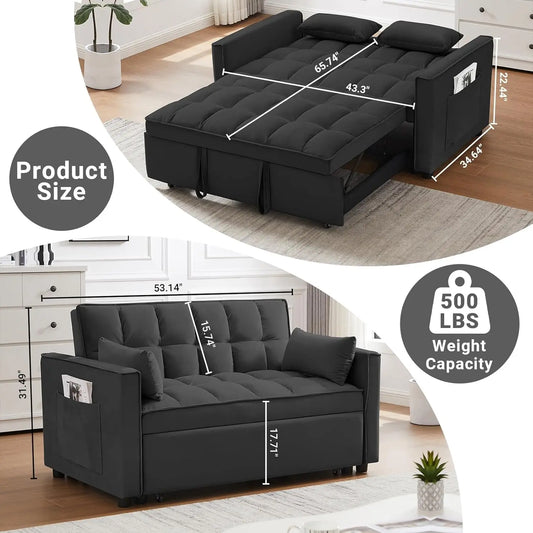 3 in 1 Sleeper Sofa Bed, Pull Out Couch, Convertible Futon with Adjustable Backrest, Living Room Chaise Lounge with 2 P