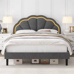 Bed Frame with Adjustable Elegant Flower Headboard, Wooden Slatted Support, Full Size Platform Bed Frame