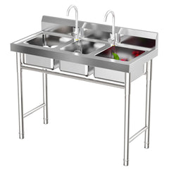 3 Compartment Freestanding Stainless Steel Utility Sink Commercial Kitchen Sink Laundry Basin with 2 Hot Cold Faucets + 3 Drains