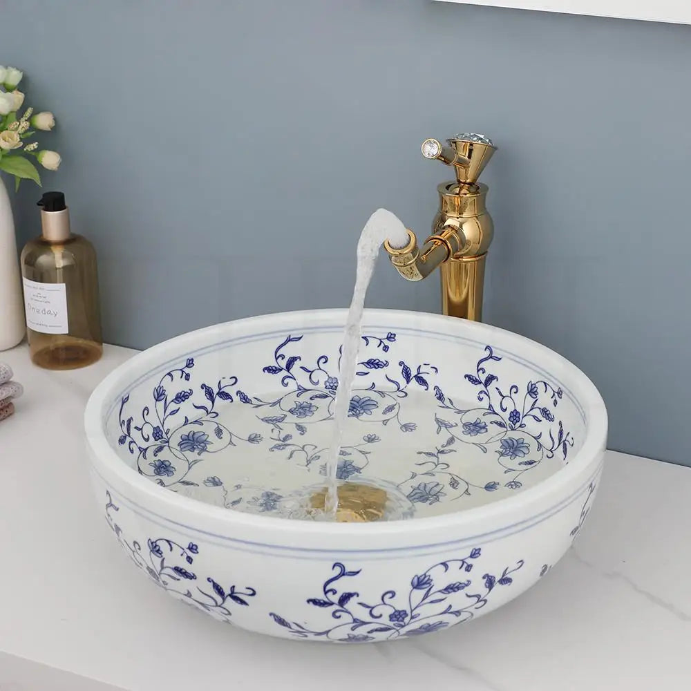 JIENI Circular Blue And White Porcelain Ceramic Basin Set W/ Antique Bamboo Shaped Faucet And Pop Drain Bathroom Sink Lavabo