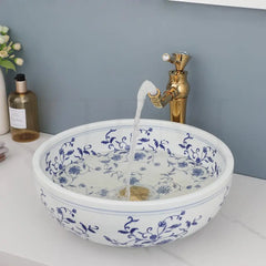 JIENI Circular Blue And White Porcelain Ceramic Basin Set W/ Antique Bamboo Shaped Faucet And Pop Drain Bathroom Sink Lavabo