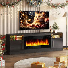 Fireplace TV Stand 70"Wooden TV Stand for TVs Up to 80"Media TV Console with High Gloss Storage Cabinet and 16 Colors LED Lights